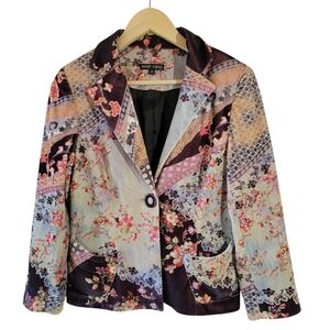 BOHO CHIC Womens Jacket  Blazer Colorful Floral Patchwork Bohemian L Cottagecore